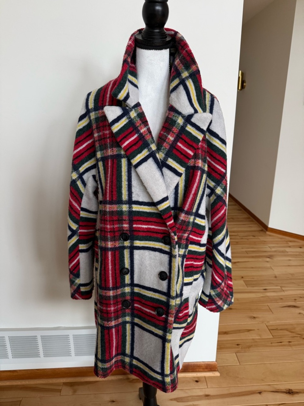 Desigual Red, Cream & Navy Plaid Double-Breasted Pea Coat - Picture 3 of 12